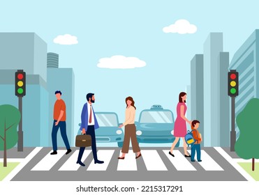 People walking across crosswalk on city street in flat design. Pedestrian crossing road with buildings on background.