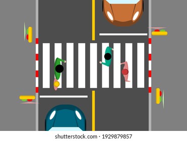 People are walking across the road on a crosswalk for safety top view flat vector.