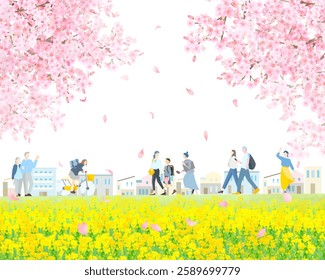 People walking along a bank where rape blossoms are blooming - Cherry blossom viewing season - Cherry blossoms falling background Vector illustration material