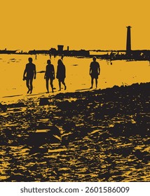 People walking along beach silhouette