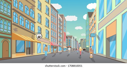 People walking along beautiful city street, vector flat illustration. Male and female characters walking down pedestrian shopping street with wide range of shops, boutiques and cafe.