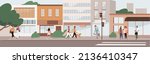 People walking along city street. Modern urban lifestyle scene with pedestrians, citizens going on sidewalks and buildings. Cityscape panorama. Everyday outdoors life. Flat vector illustration