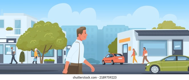 People walking along the city street. Urban panorama of the with citizens, cars, buildings and trees. Vector illustration in flat style