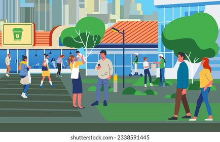 People walking along city street. Modern urban lifestyle scene with pedestrians, citizens going on sidewalks and buildings. Cityscape