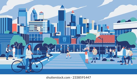 People walking along city street. Modern urban lifestyle scene with pedestrians, citizens going on sidewalks and buildings. Cityscape panorama monochrome