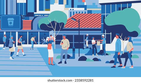 People walking along city street. Modern urban lifestyle scene with pedestrians, citizens going on sidewalks and buildings. Modern urban lifestyle scene with pedestrians, citizens going on sidewalks
