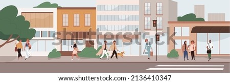 People walking along city street. Modern urban lifestyle scene with pedestrians, citizens going on sidewalks and buildings. Cityscape panorama. Everyday outdoors life. Flat vector illustration