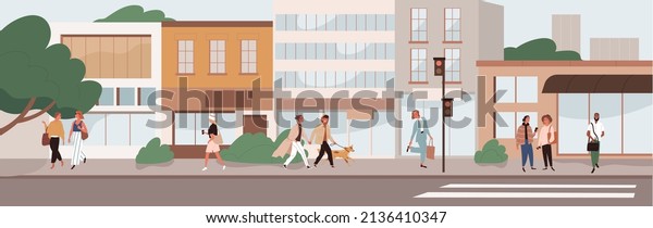 People walking along city street. Modern\
urban lifestyle scene with pedestrians, citizens going on sidewalks\
and buildings. Cityscape panorama. Everyday outdoors life. Flat\
vector illustration