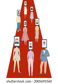 People walking along Red Carpet. Multi-ethnic group of people with a phone instead of head. Be yourself concept. Isolated vector illustration on white background