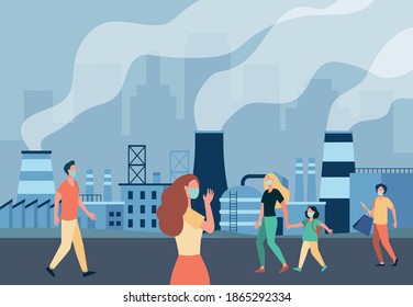 People walking along street in masks isolated flat vector illustration. Cartoon characters protecting from air emissions and smog from industrial plant. Coronavirus and pollution concept