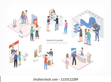 People walking among commercial promotional stands and talking to consultants and promoters advertising products or services at trade fair or exhibition. Colorful isometric vector illustration