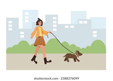 People walking with animal. Woman walking with dog illustration. People and animal relationship. Cute dog with girl. Woman Walking Dachshund in City Park.