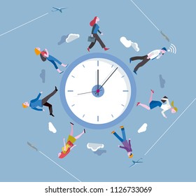 People walking around a circular clock. Walking against the clock.  Ilustration concept metaphor of running a race against time.
