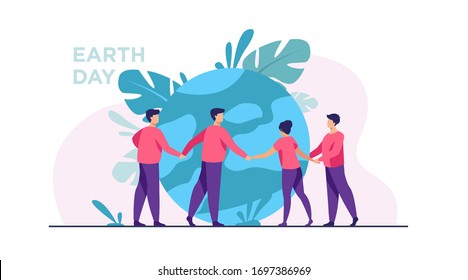 People walking around globe and holding each other by hands flat vector illustration. Tiny people saving world ecology. Big planet at background. Earth day environment saving and nature care concept