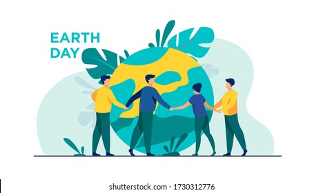 People Walking Around Globe And Holding Each Other By Hands Flat Vector Illustration. Tiny People Saving World Ecology. Big Planet At Background. Earth Day Environment Saving And Nature Care Concept