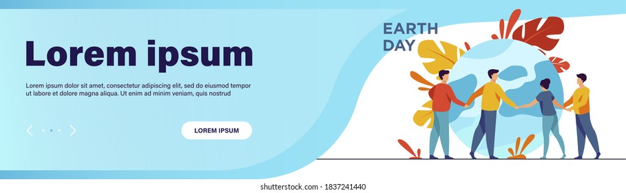 People walking around globe and holding each other by hands flat vector illustration. Tiny people saving world ecology. Big planet at background. Earth day environment saving and nature care concept