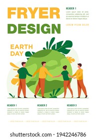 Gente caminando alrededor del globo y sosteniéndose unos a otros por medio de ilustraciones vectoriales planas de manos. Pequeñas personas salvan la ecología mundial. Gran planeta en segundo plano. Concepto de ahorro ambiental en el día de la Tierra y cuidado de la naturaleza