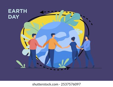 Personas caminando alrededor del globo y sosteniéndose entre sí con las manos de Ilustración vectorial plana. Gente diminuta salvando la ecología mundial. Gran planeta al fondo. Día de la Tierra ahorro del medio ambiente y concepto de cuidado de la naturaleza