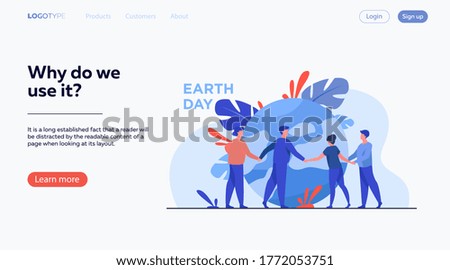 People walking around globe and holding each other by hands flat vector illustration. Tiny people saving world ecology. Big planet at background. Earth day environment saving and nature care concept