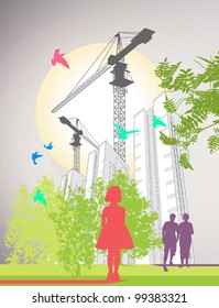 People are walking around skyscrapers and lifting cranes