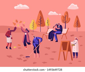 People Walking in Autumn City Park among Colorful Trees and Fallen Leaves. Painter Drawing Picture, Young Couple Hugging on Bench, Man Raking Ground, Girls Playing. Cartoon Flat Vector Illustration