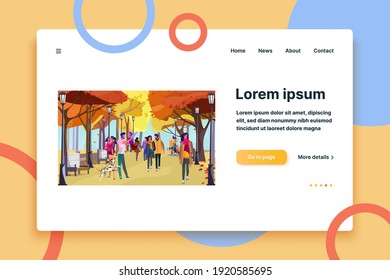 People walking in autumn city park. Family, couple, fall flat vector illustration. Leisure outside, nature, activity, recreation concept for banner, website design or landing web page