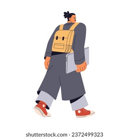 People walking in autumn outfit back view. Young man wearing coat. Student carrying, hold laptop in hand. Guy strolling, going with backpack. Flat isolated vector illustration on white background