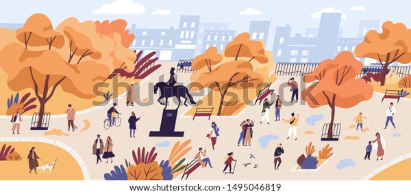 秋の公園を歩く人々の平らなベクターイラスト 市民が街の中心レクリエーションエリアをぶらついている 秋の自然と野外活動 オレンジの木と水平線 の風景に建物 のベクター画像素材 ロイヤリティフリー