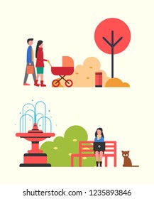 People walking in autumn park with perambulator vector. Woman freelancer busy work sitting on bench by fountain with pet dog. Fall season relaxation