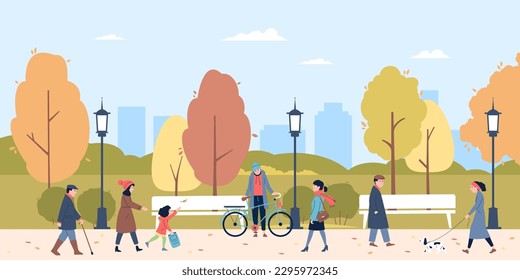 People walking in autumn park with puppy and child. Family outdoor time, rest and play in city garden in fall. Active lifestyle recent vector scene