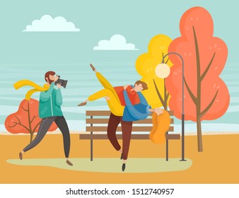 People walking in autumn park together, good weather. Photographer taking photographies of young couple on date. Man holding woman on hands for photo shoot on lawn, vector illustration in flat style