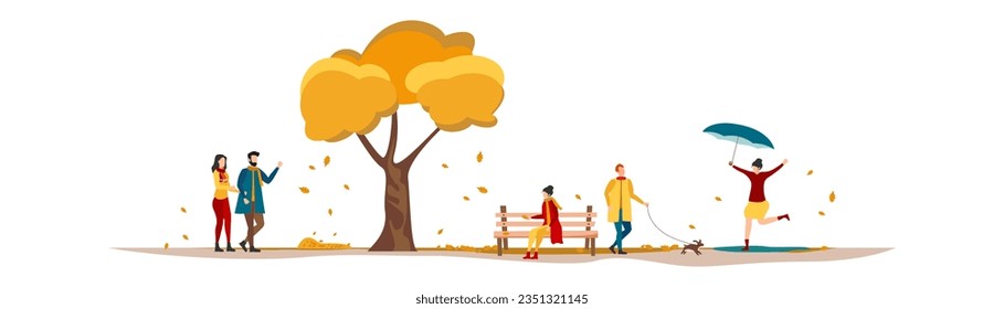 People are walking in the autumn park. Vector