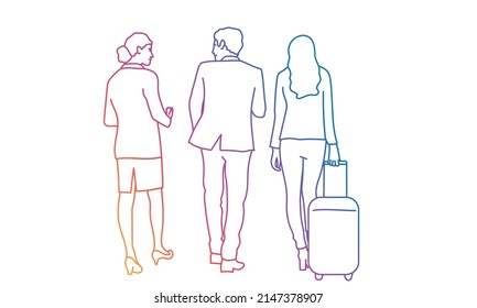 People walking away. Rainbow gradient. Sketch vector illustration.