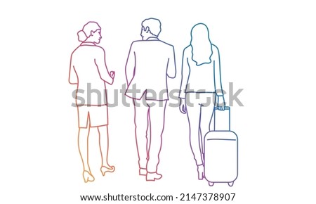 People walking away. Rainbow gradient. Sketch vector illustration.