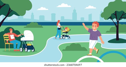 People walking with baby carriages in city park flat vector illustration