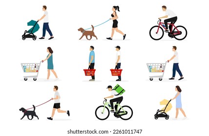 People Walking With Baby Strollers, Running With Dogs, Riding Bicycles, Standing in Line With Grocery Cart, Running. Men and Women Lifestyle Activities. Vector Illustration