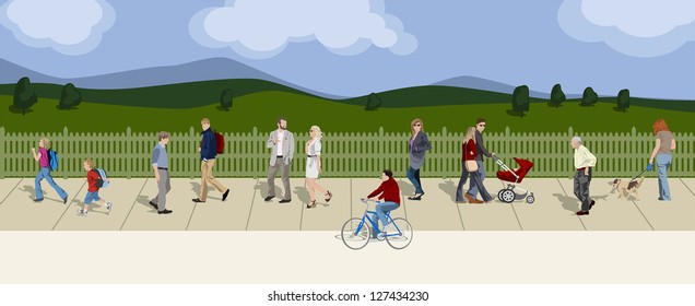 People walking in the background field