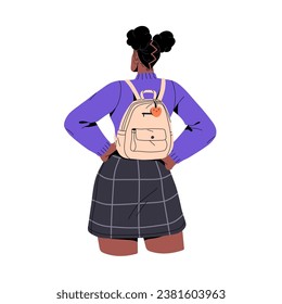 People walking with backpack, schoolbag back view. Young black woman standing, hands on her hips. Student wearing casual urban outfit outdoor. Flat isolated vector illustration on white background