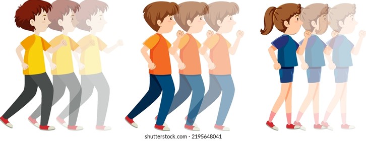 People walking backward cartoon illustration