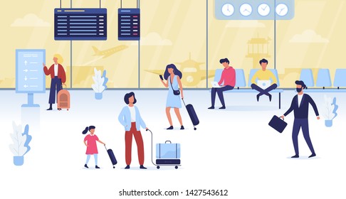 People walking with the bagagge in the airport. Idea of travel and journey. Building interior. Passenger wait for departure. Vector illustration in cartoon style