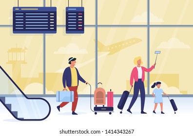 People walking with the bagagge in the airport. Woman make selfie. Idea of travel and journey. Building interior. Passenger wait for departure.