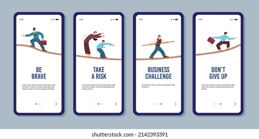 People walking and balancing on rope as symbol of business challenge, onboarding screens - flat vector illustration. User interface or homepage with cartoon characters overcoming career obstacles.