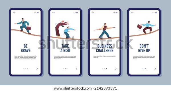 People walking and balancing on rope as symbol\
of business challenge, onboarding screens - flat vector\
illustration. User interface or homepage with cartoon characters\
overcoming career\
obstacles.