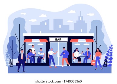 People walking to bar. Men and women drinking alcohol in pub, facade view flat vector illustration. Easing of lockdown, leisure concept for banner, website design or landing web page