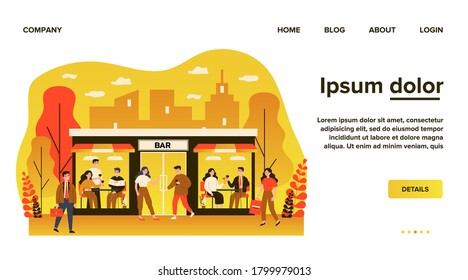People walking to bar. Men and women drinking alcohol in pub, facade view flat vector illustration. Easing of lockdown, leisure concept for banner, website design or landing web page