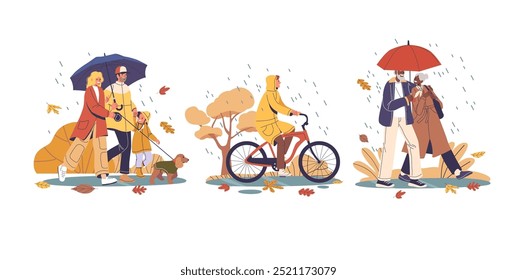 Personas Caminando Y Montando En Bicicleta Bajo La Lluvia Con Paraguas Y Familia. Las Hojas De Otoño Caen A Su Alrededor Mientras Disfrutan De La Lluvia