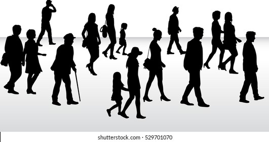 People walking, black silhouettes.