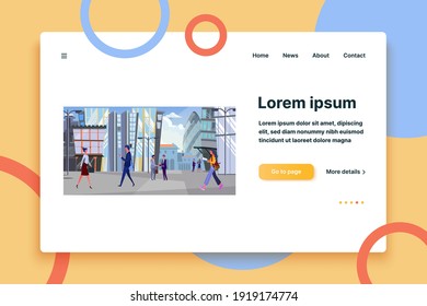 People walking in business district. Office building, businesspeople, student flat vector illustration. Downtown, center, city concept for banner, website design or landing web page
