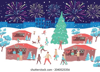 People walking and buying decorations at city christmas market flat vector illustration