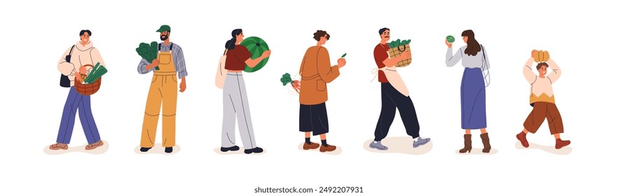 People walking, carrying healthy organic produce, natural vegetable. Characters holding farm fresh products, food. Happy buyers going from market. Flat vector illustration isolated on white background